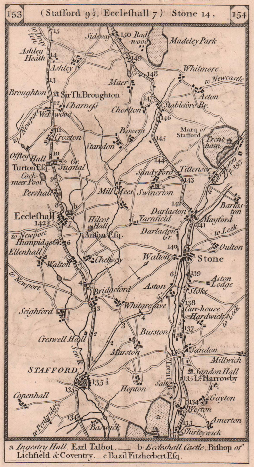 Stafford - Stone - Eccleshall road strip map PATERSON 1803 old antique